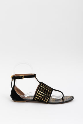 Suede And Gold Perforated Sandals