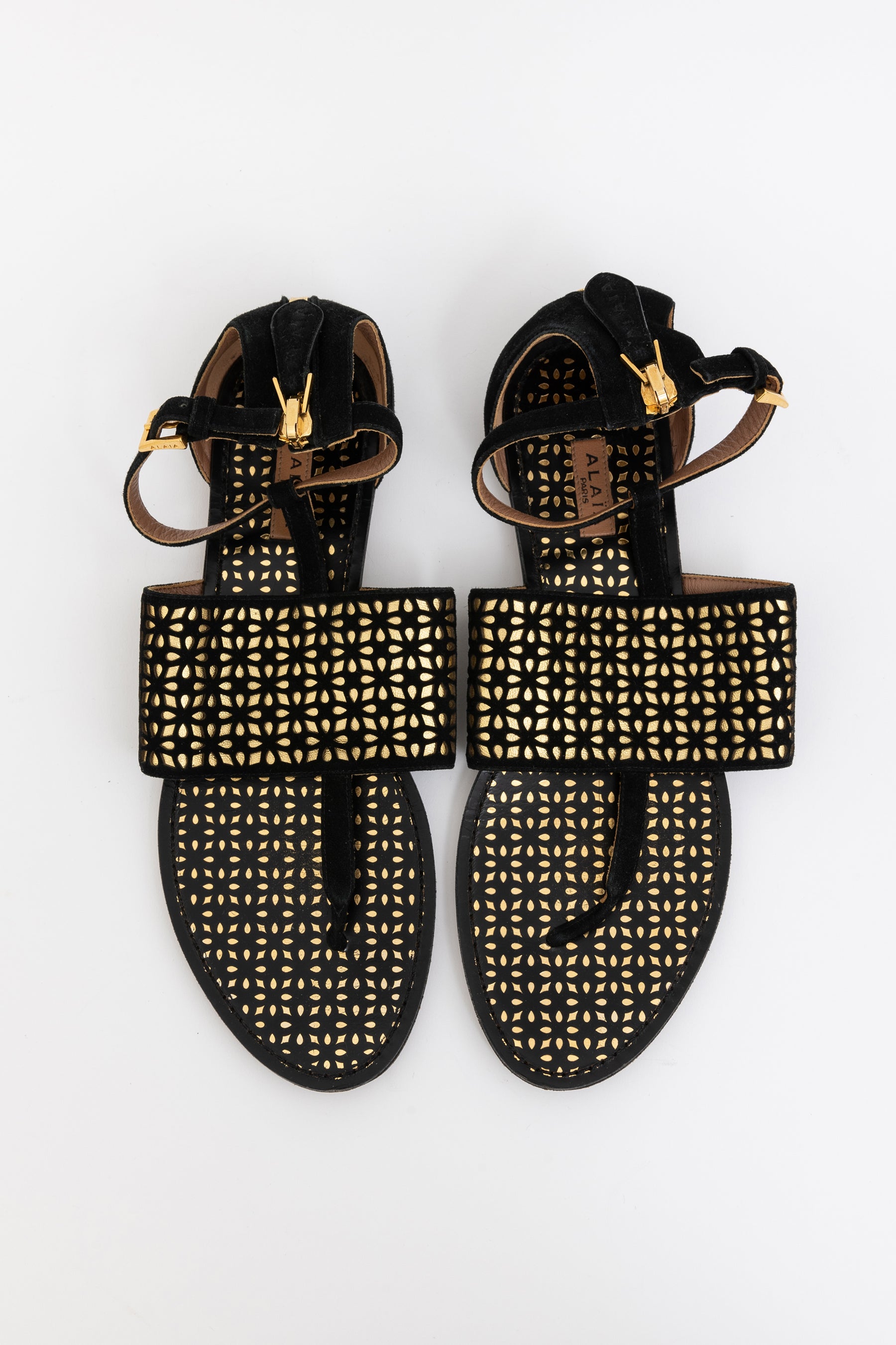 Suede And Gold Perforated Sandals