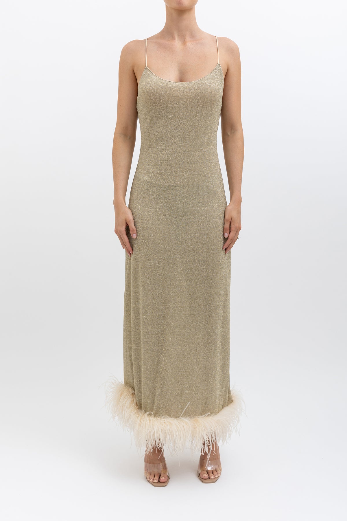 Lurex Feather Trim Midi Dress