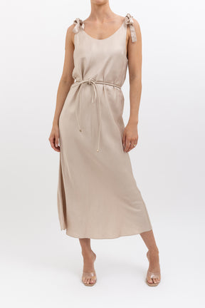 Satin Midi Dress with Tie