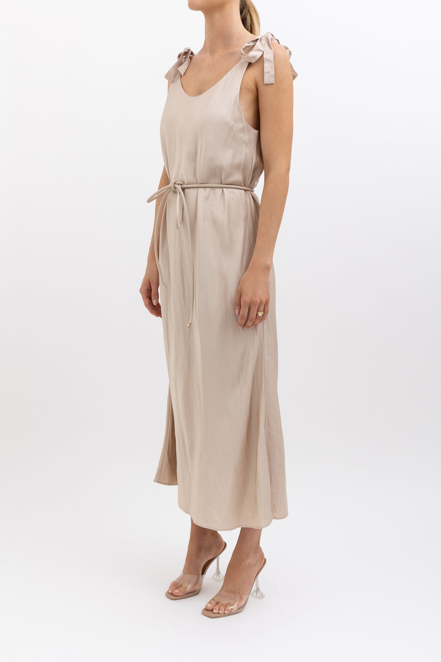 Satin Midi Dress with Tie