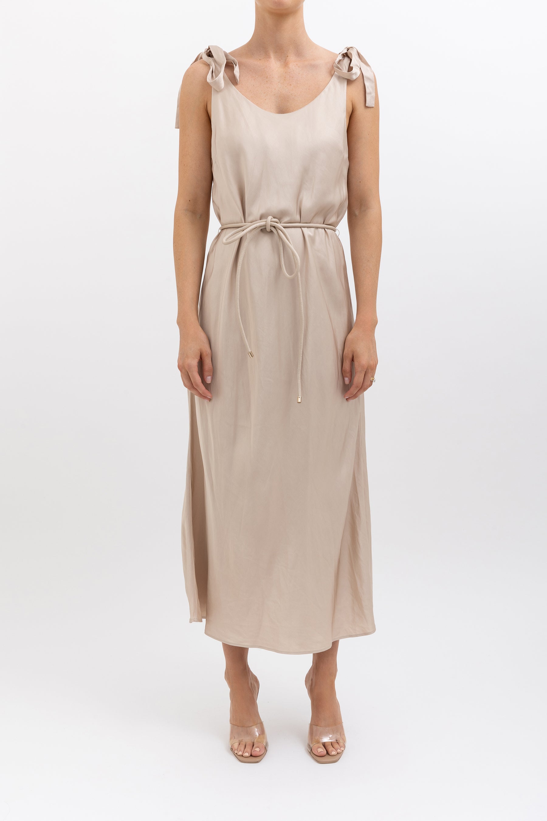 Satin Midi Dress with Tie