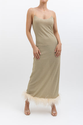 Lurex Feather Trim Midi Dress