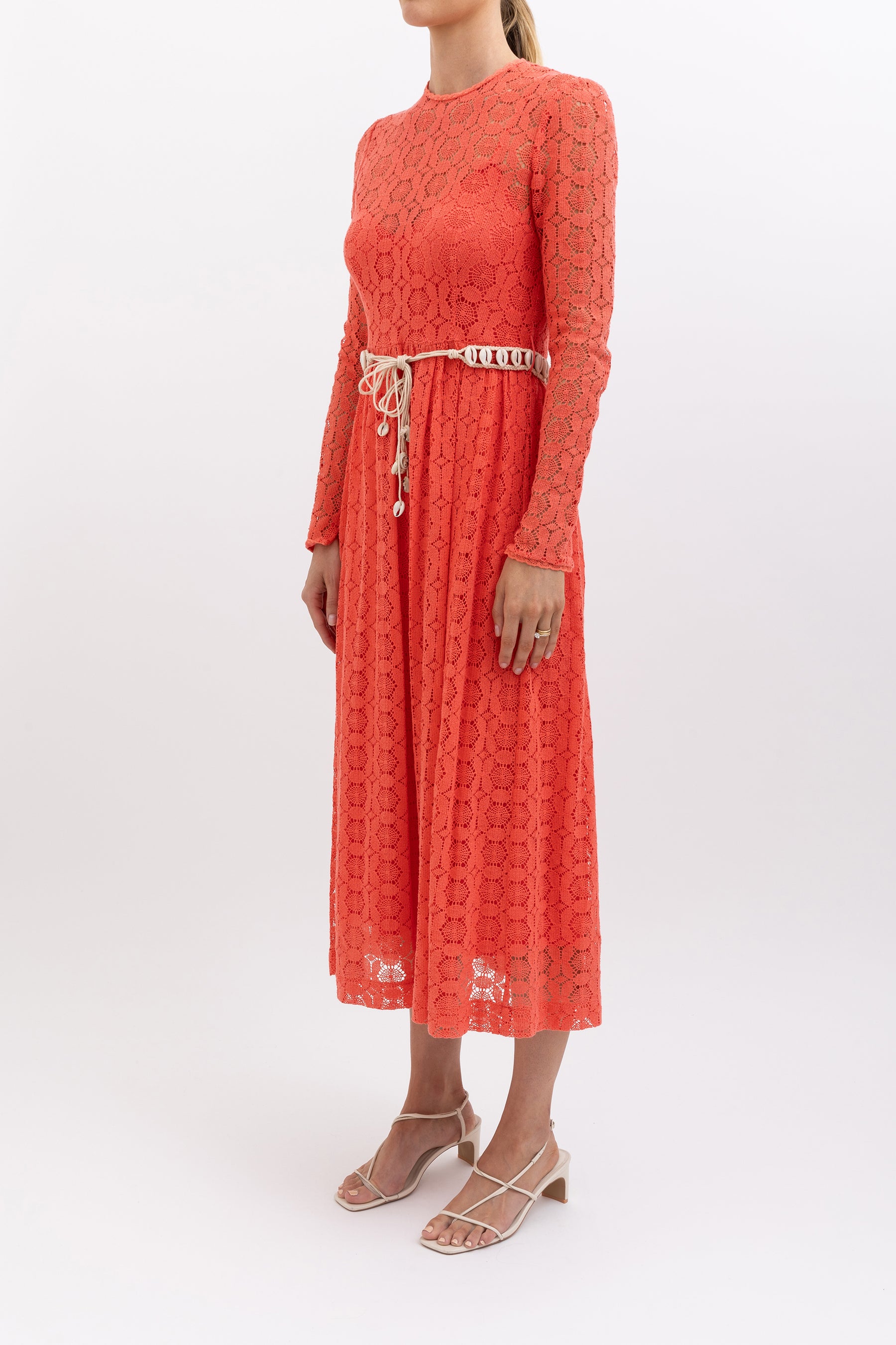 Allia Belted Crocheted Lace Maxi Dress