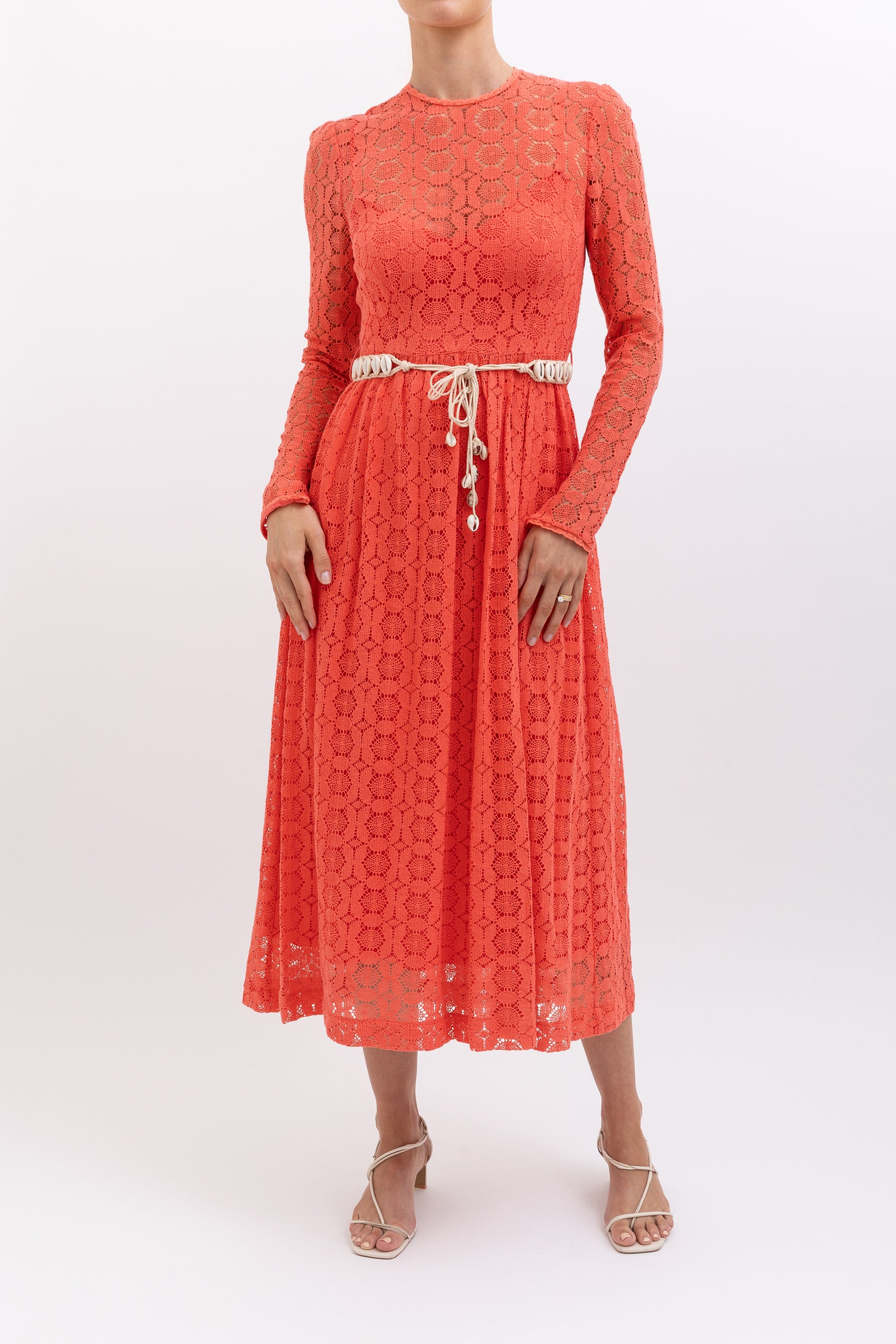 Allia Belted Crocheted Lace Maxi Dress