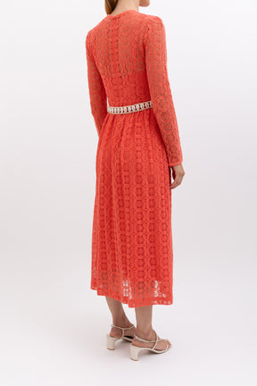 Allia Belted Crocheted Lace Maxi Dress