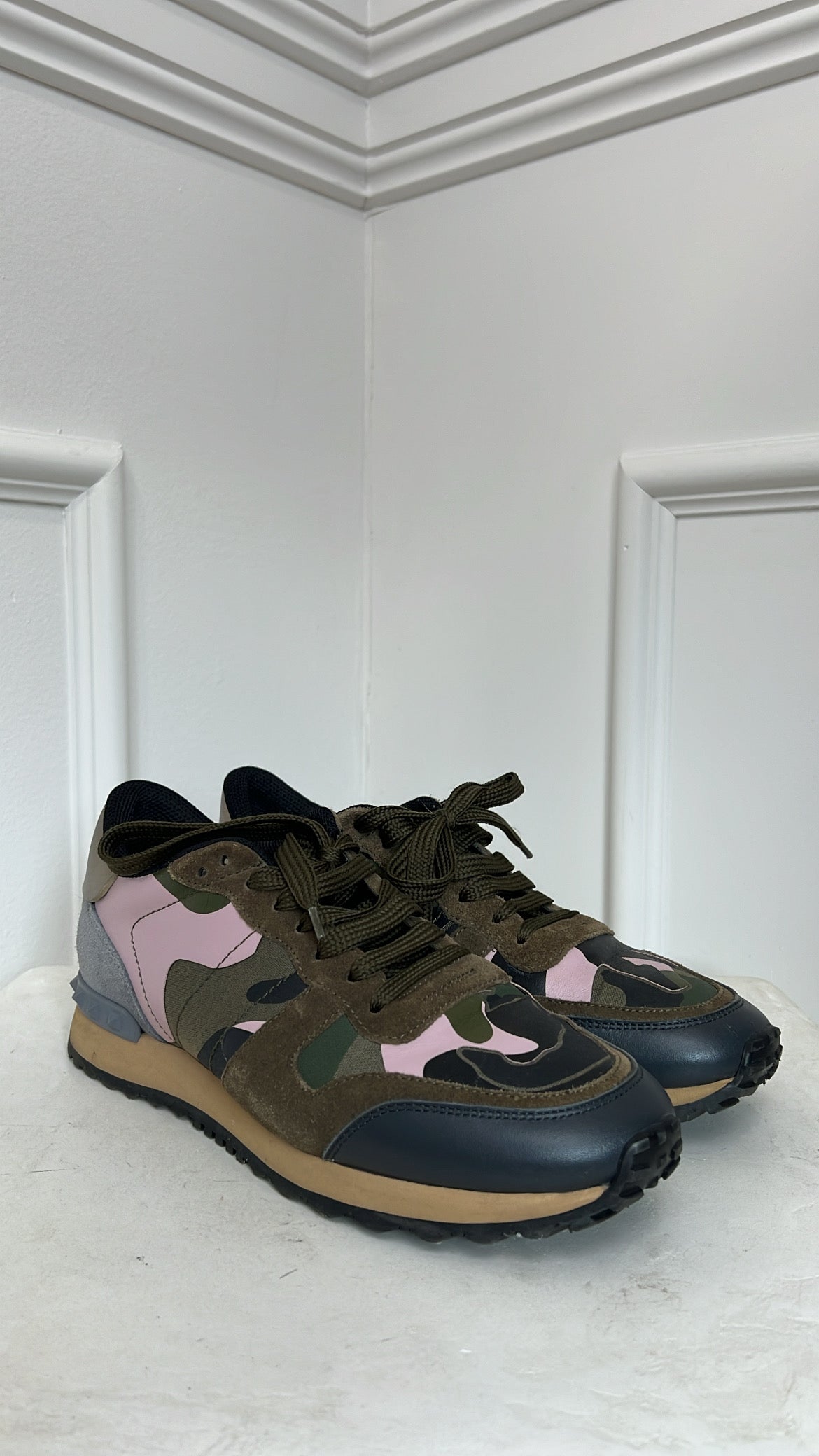 Valentino Khaki Camo Leather and Suede Sneakers, 40