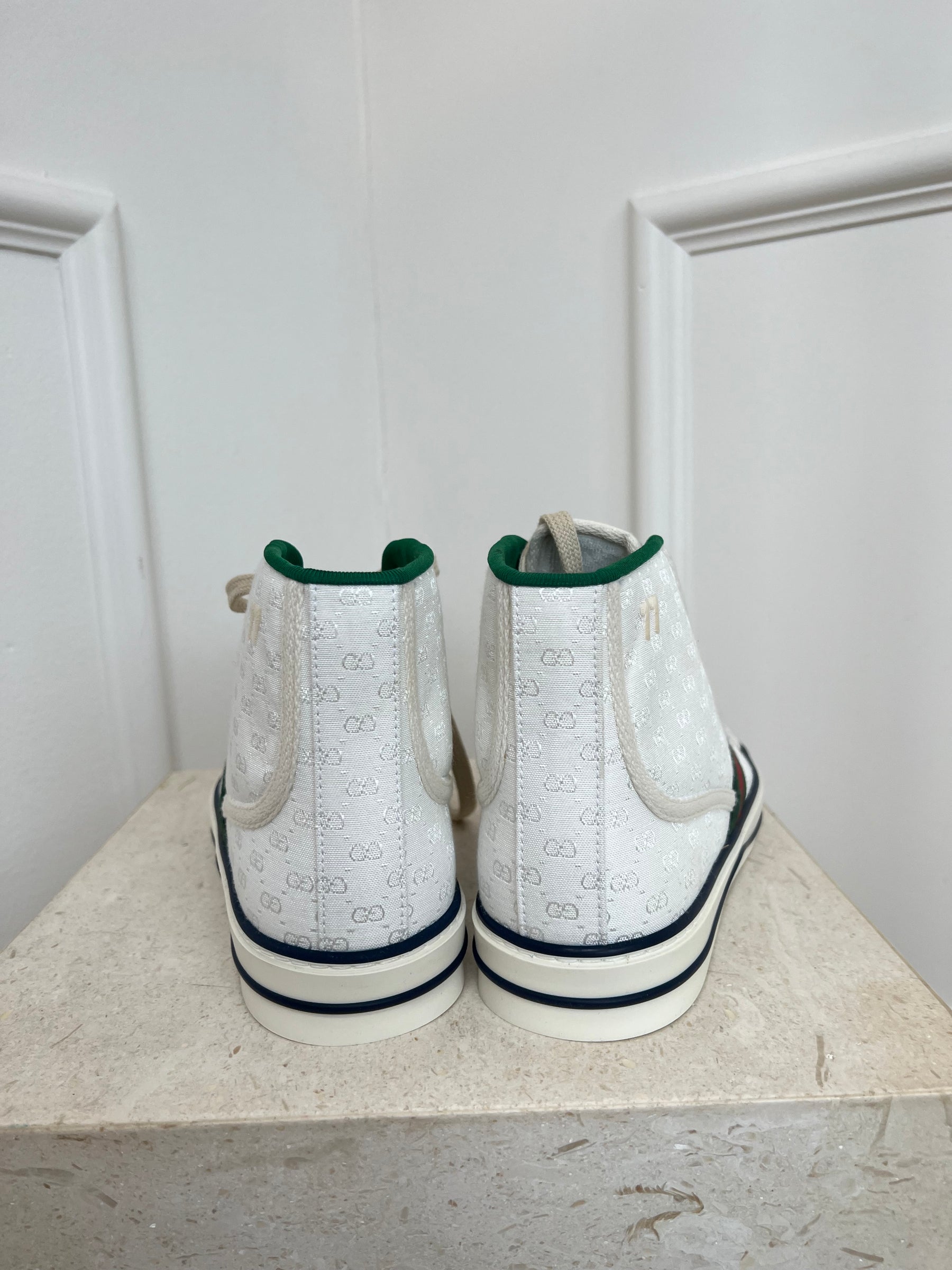 Gucci White Canvas Monogram High Top 'Tennis' Sneaker, 38