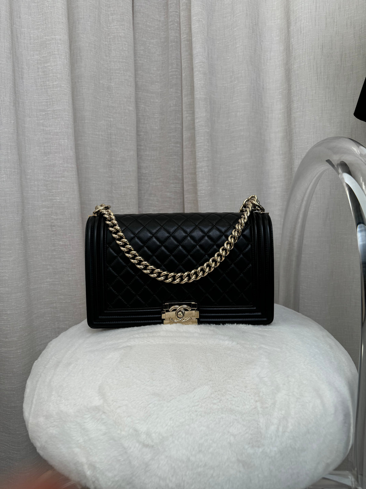 Black Black Medium Lambskin Boy Bag with Champagne Hardware