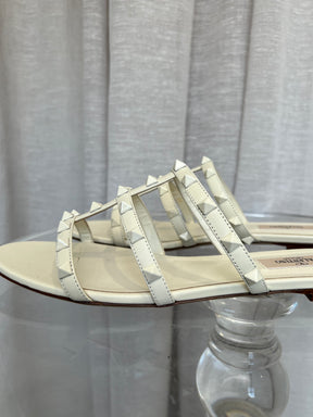 Valentino White Leather Rockstud Caged Slide, 39