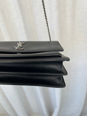 Saint Laurent Black Leather Large Sunset Bag with Silver Hardware