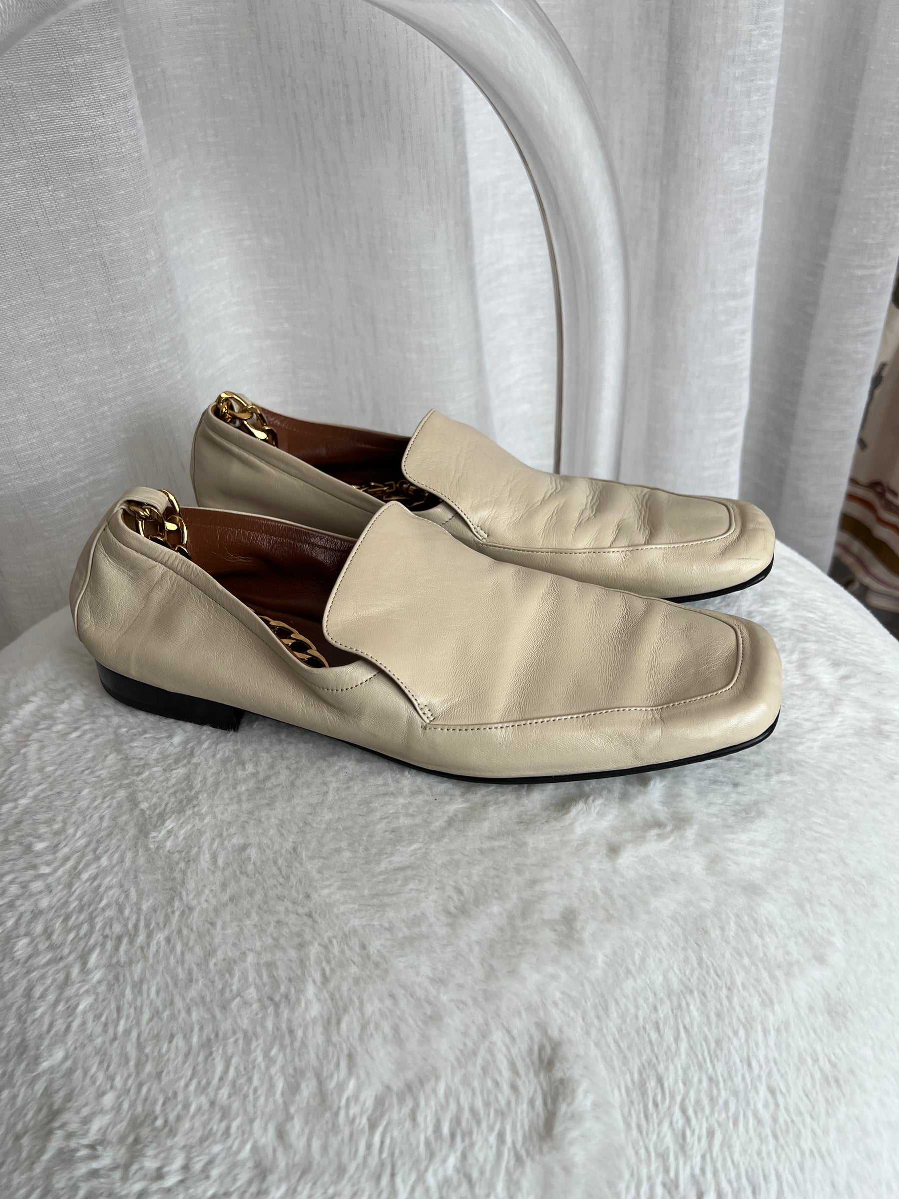 By Far Cream Loafer with Gold Chain Anklet, 41