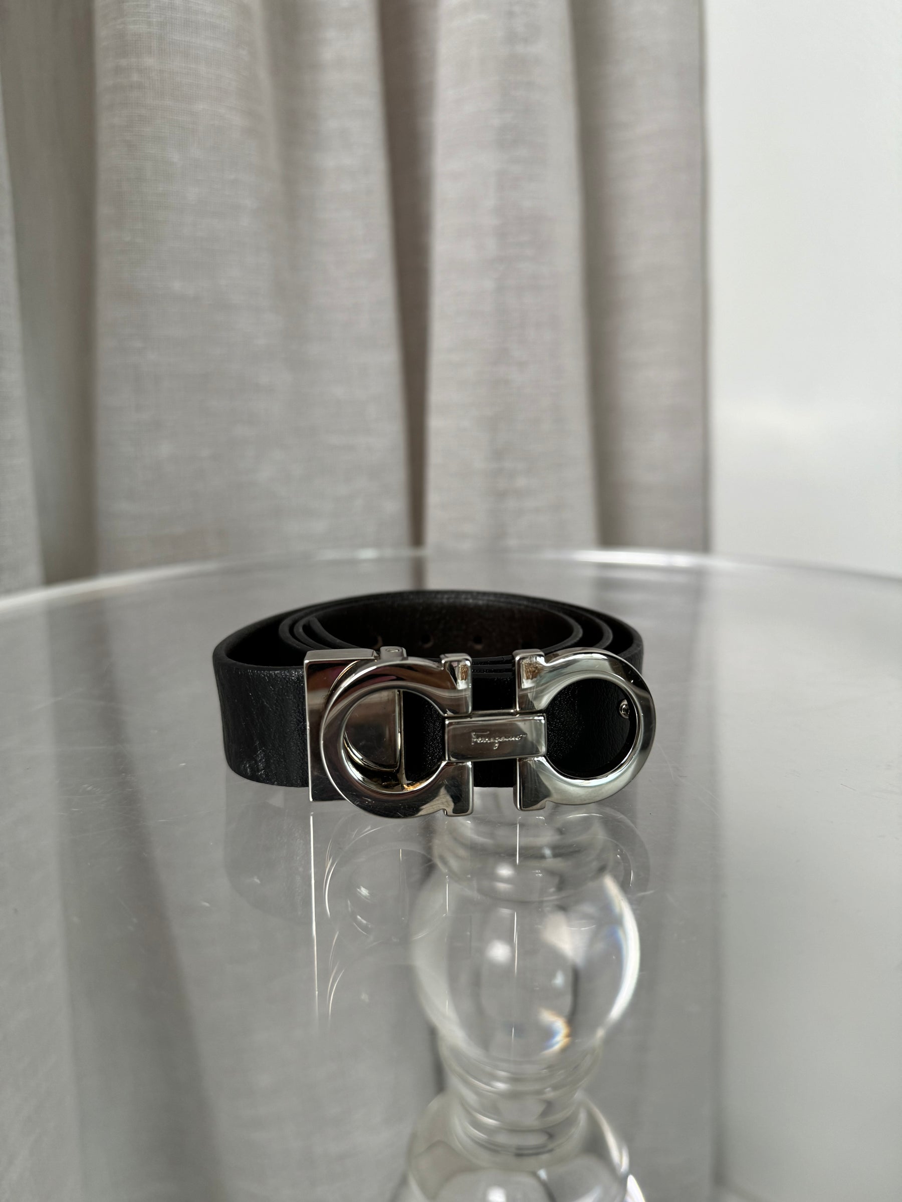 Salvatore Ferragamo Black and Silver Logo Belt