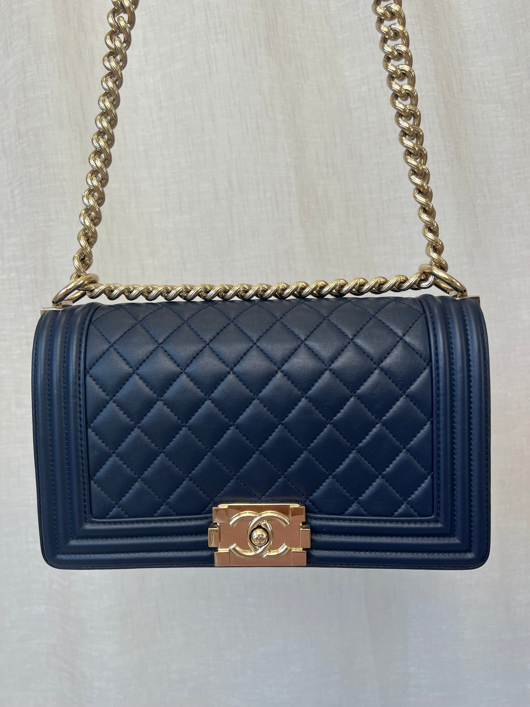 Chanel Navy Old Medium Boy Bag Gold Tone Hardware, Old Medium