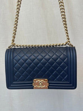 Chanel Navy Old Medium Boy Bag Gold Tone Hardware, Old Medium