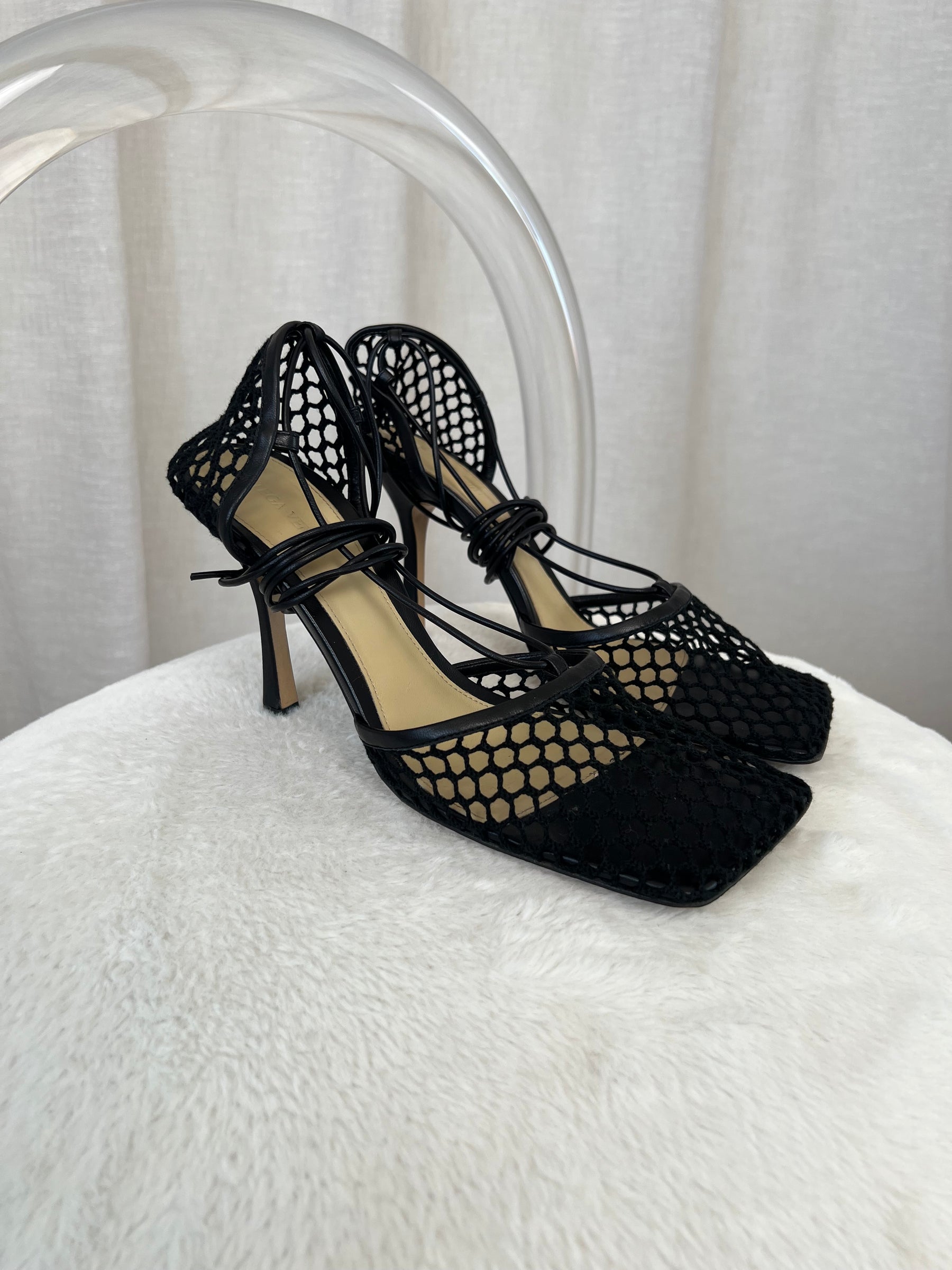 Bottega Veneta Black Net Ankle Wrap Heels, 41