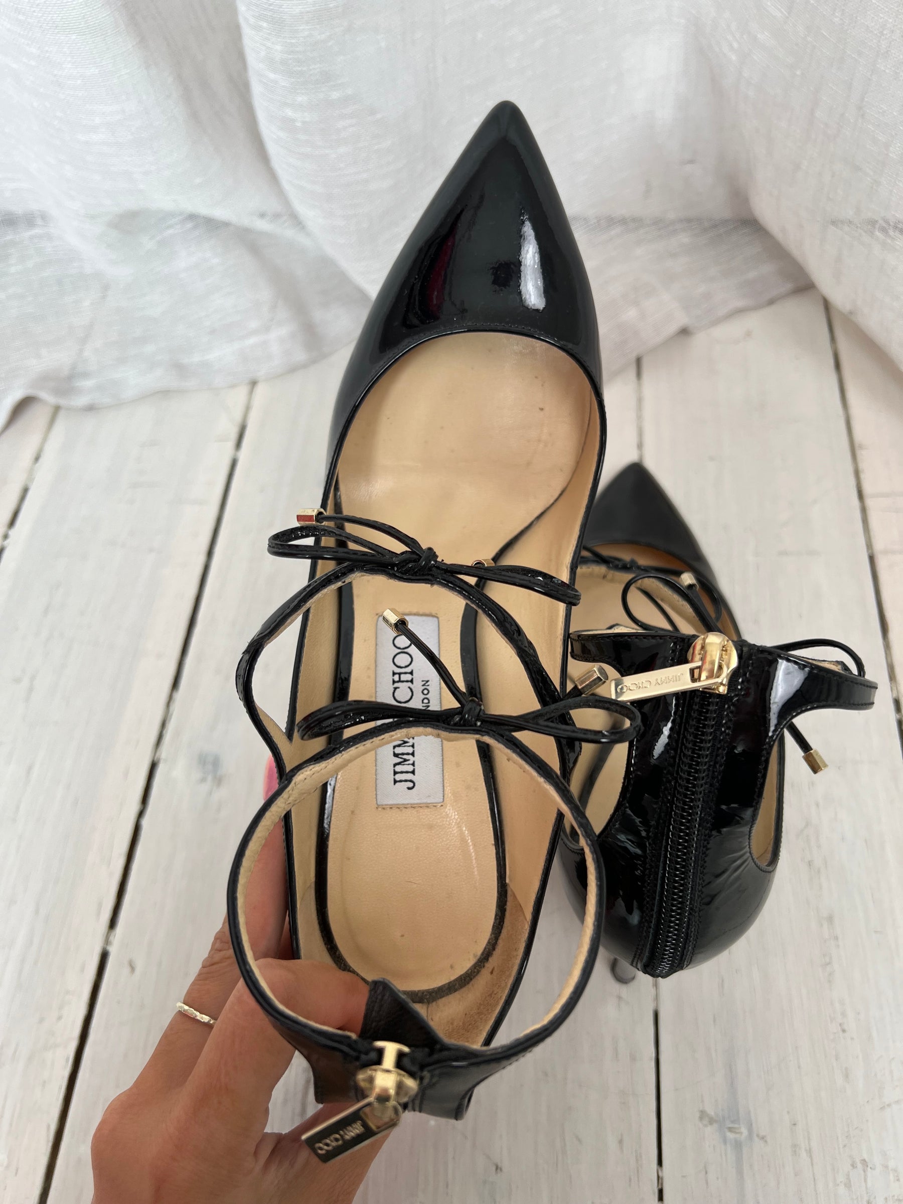 Jimmy Choo Black Patent Pointed Tie Front Heels, 37.5