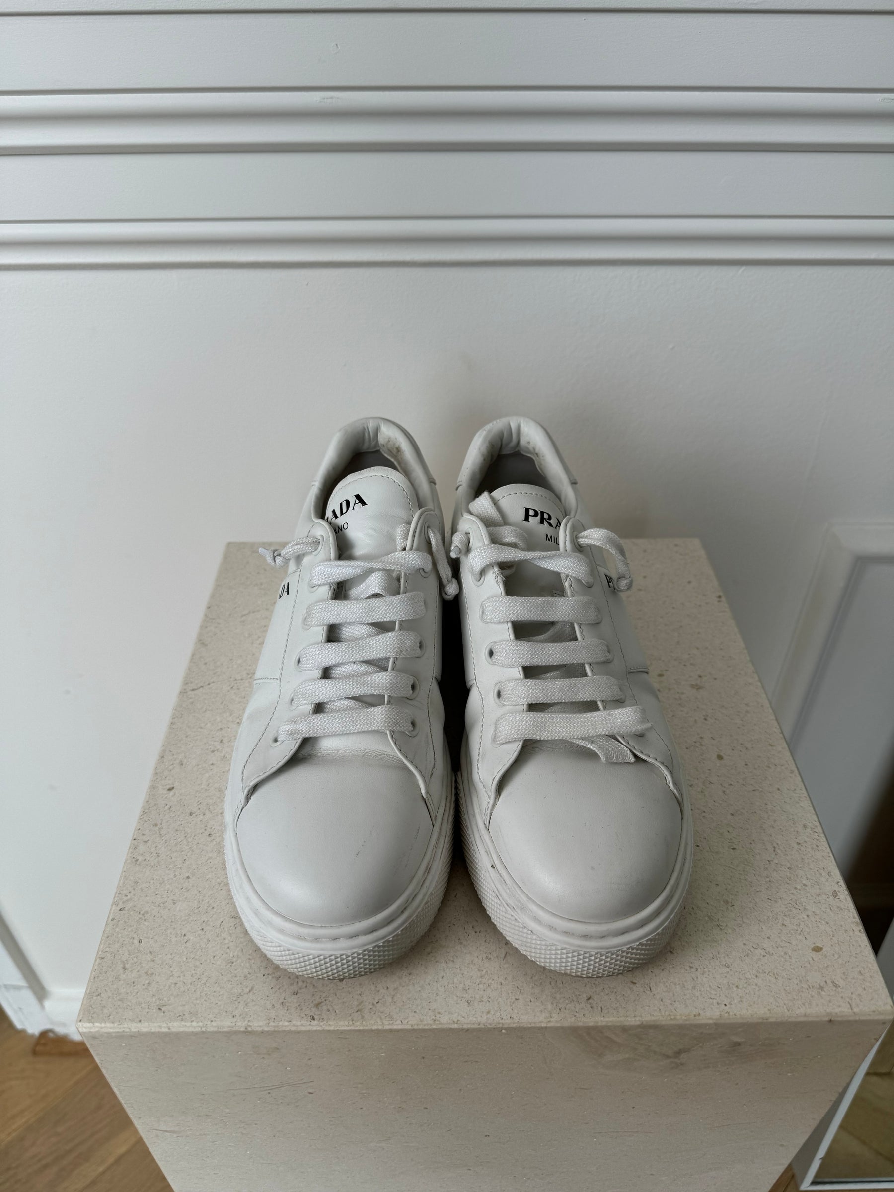 Prada White Leather Logo Sneakers, 38