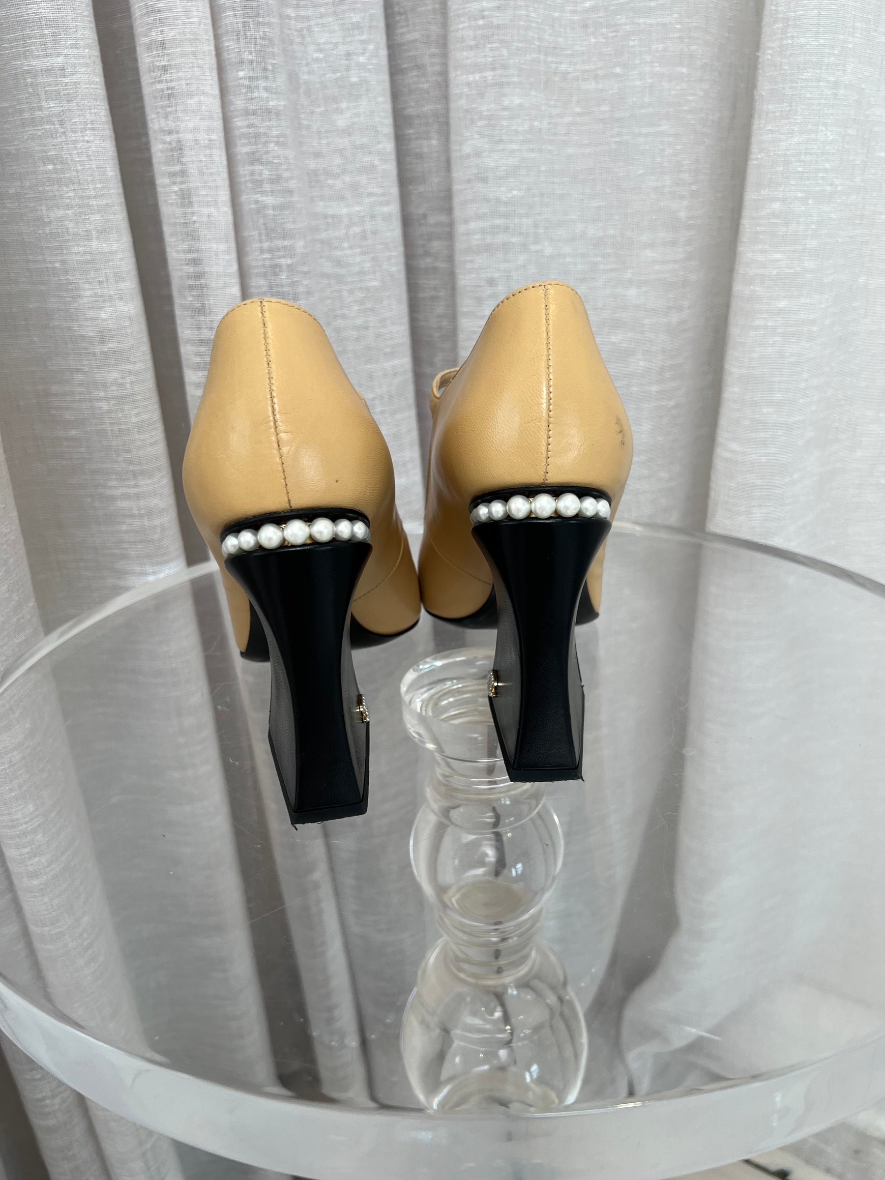 Chanel Beige and Black Pearl Block Heel Pumps, 41C