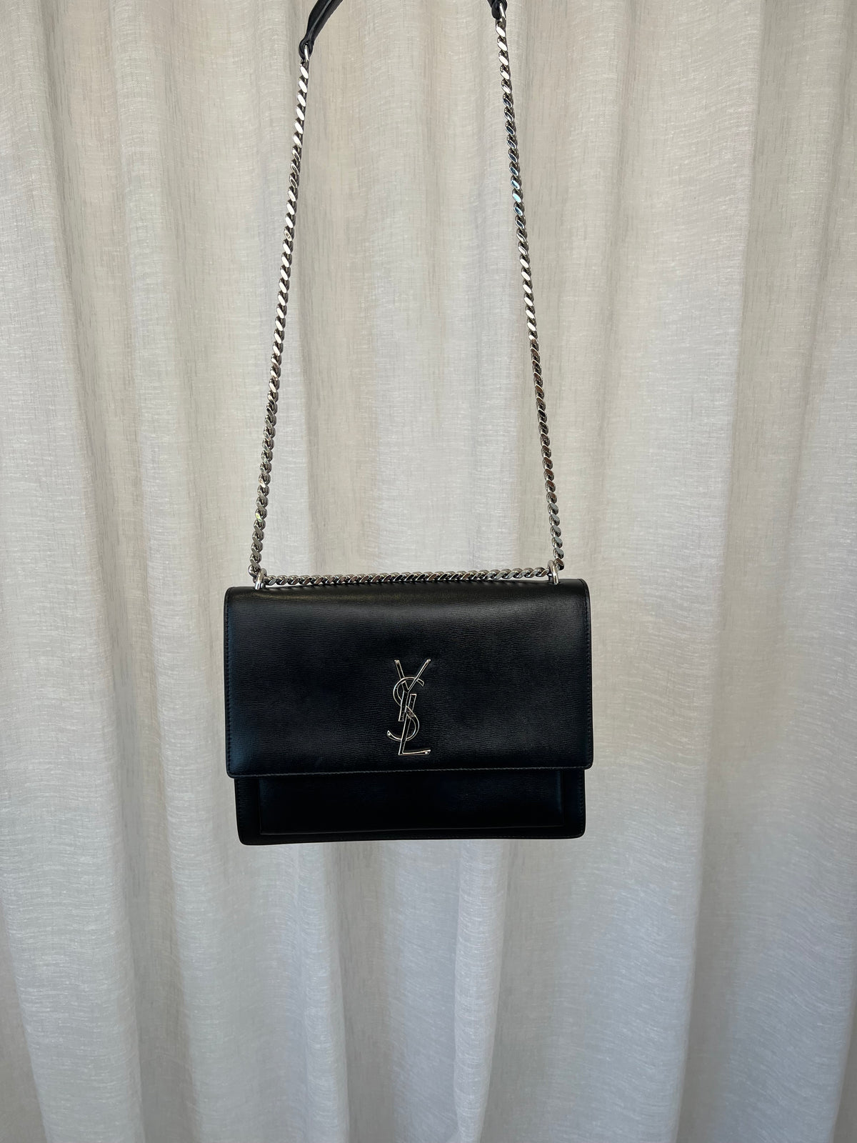 Saint Laurent Black Leather Large Sunset Bag with Silver Hardware