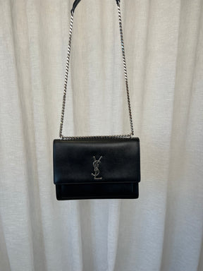 Saint Laurent Black Leather Large Sunset Bag with Silver Hardware