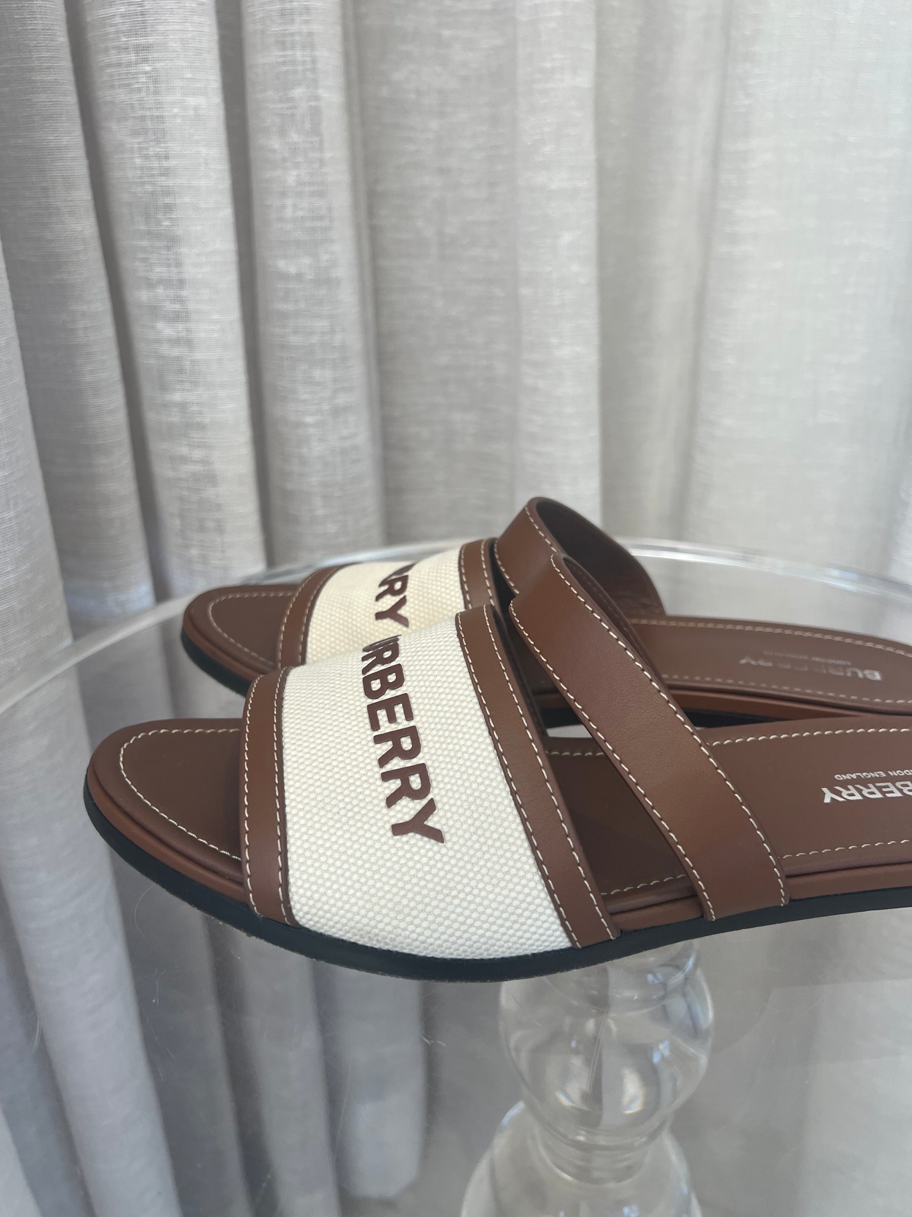 Burberry Tan and Canvas Logo Slides, 39.5