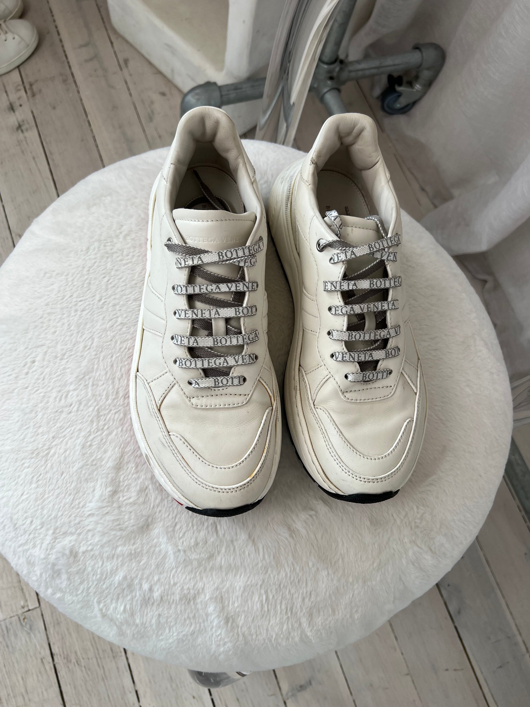 Bottega Veneta White Leather Logo Lace Sneaker, 41.5