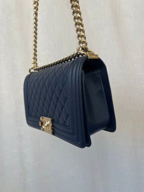 Chanel Navy Old Medium Boy Bag Gold Tone Hardware, Old Medium