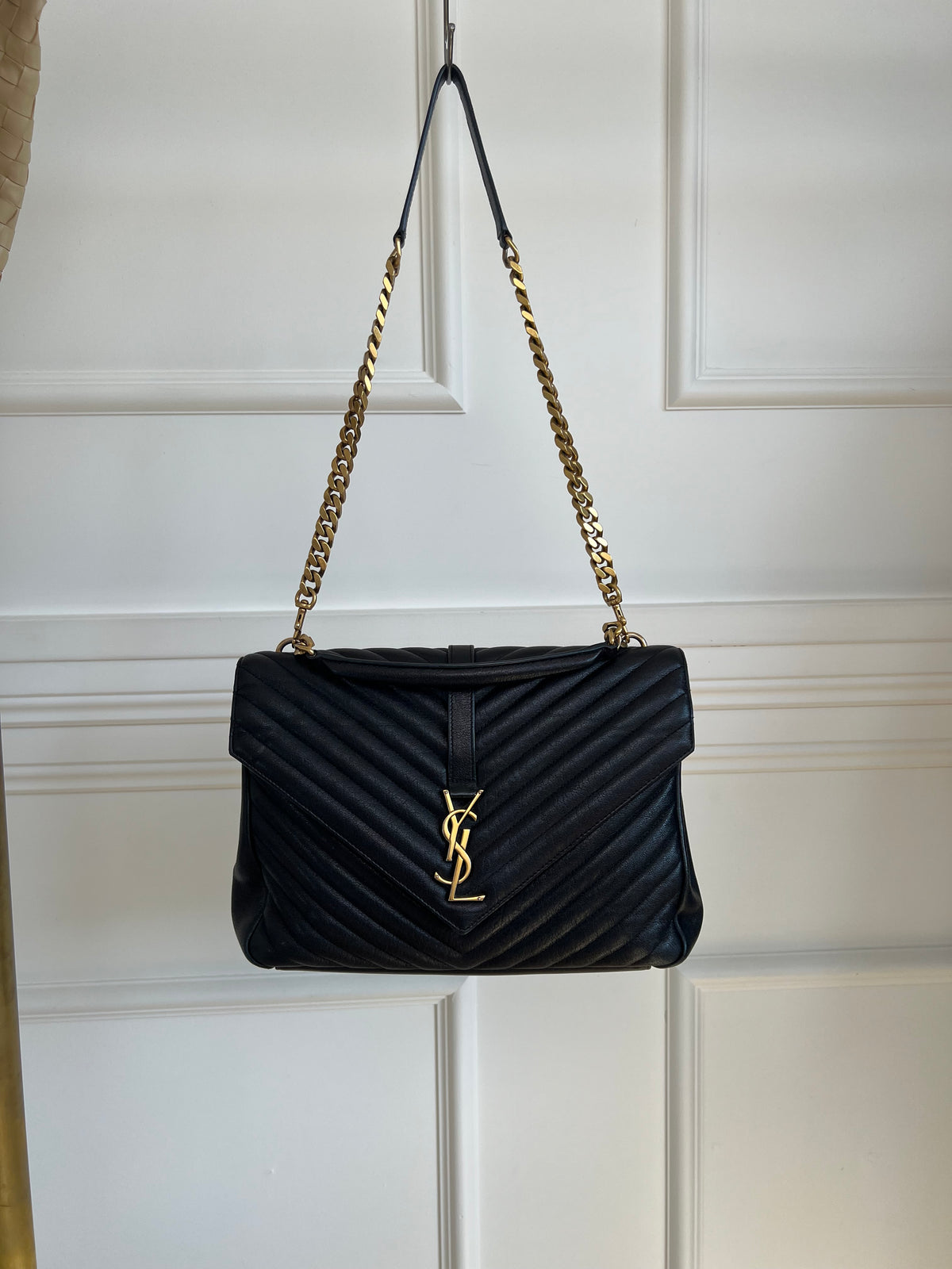 Saint Laurent Black Chevron Leather College Bag