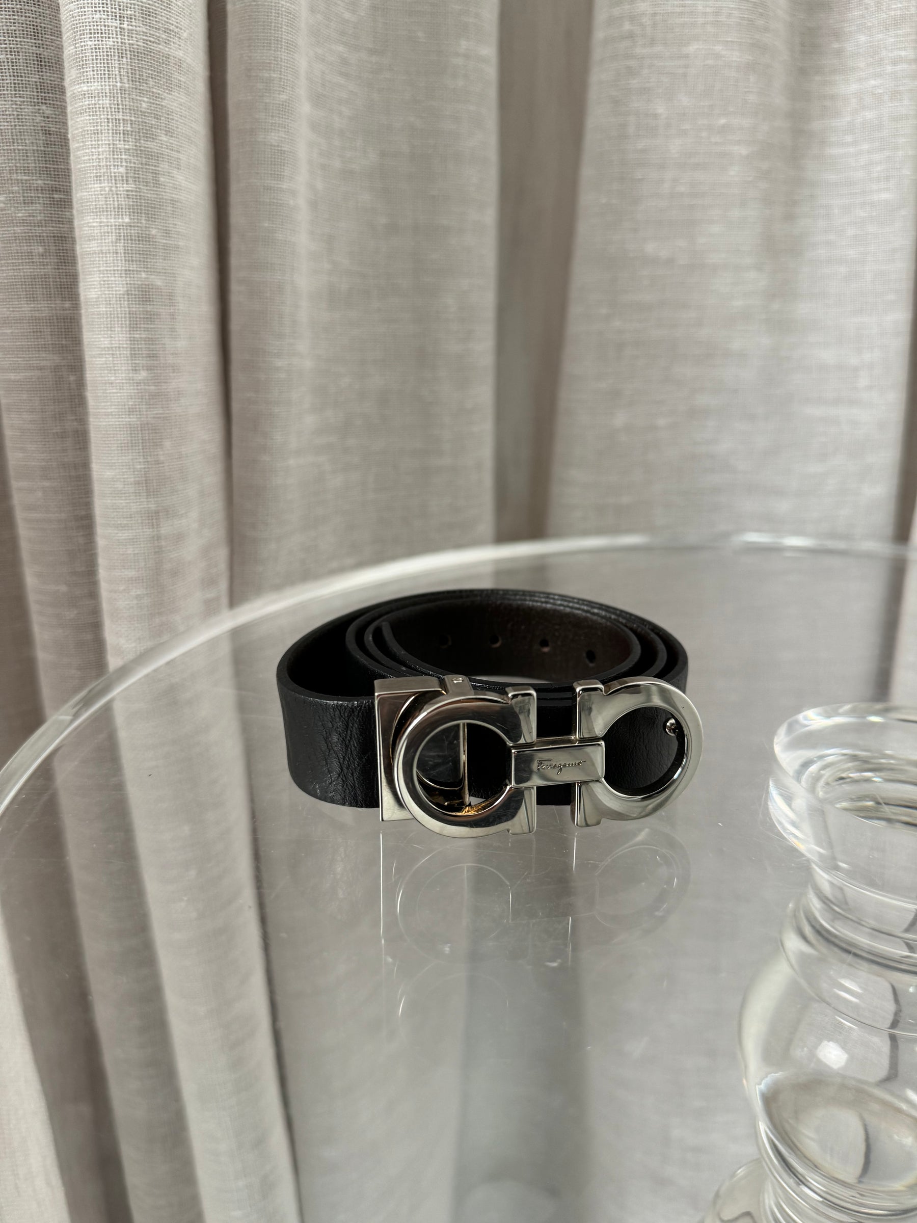 Salvatore Ferragamo Black and Silver Logo Belt