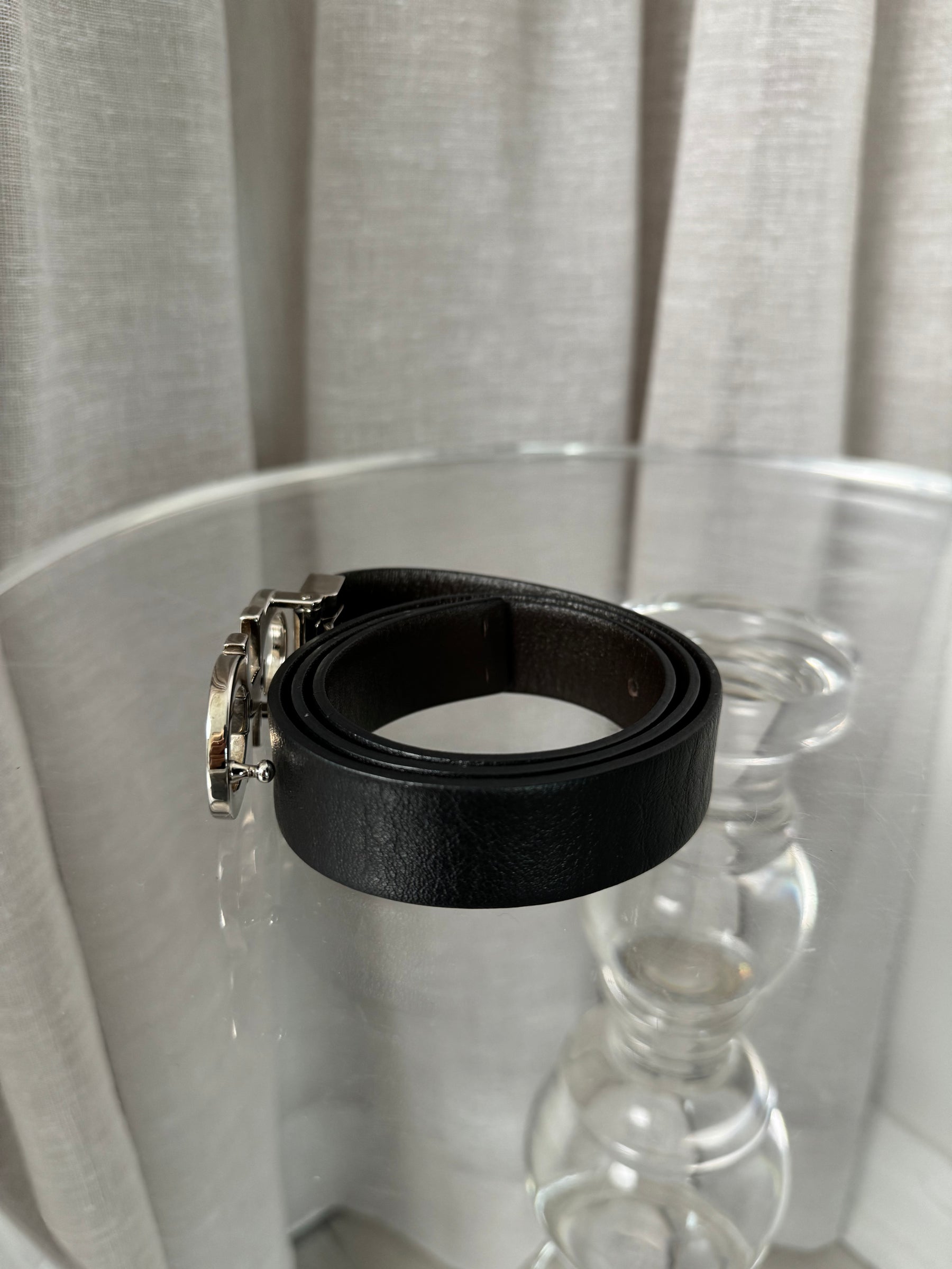 Salvatore Ferragamo Black and Silver Logo Belt