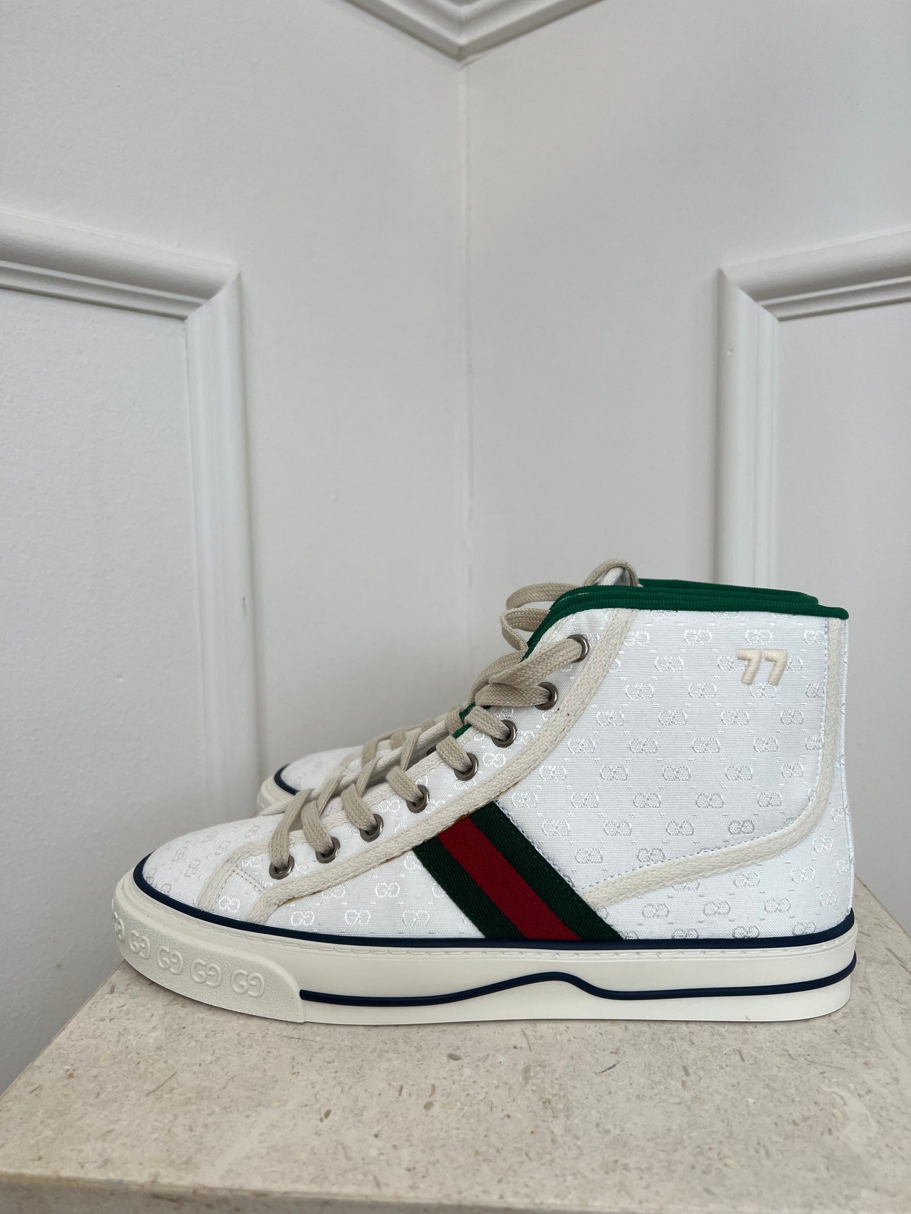 Gucci White Canvas Monogram High Top 'Tennis' Sneaker, 38