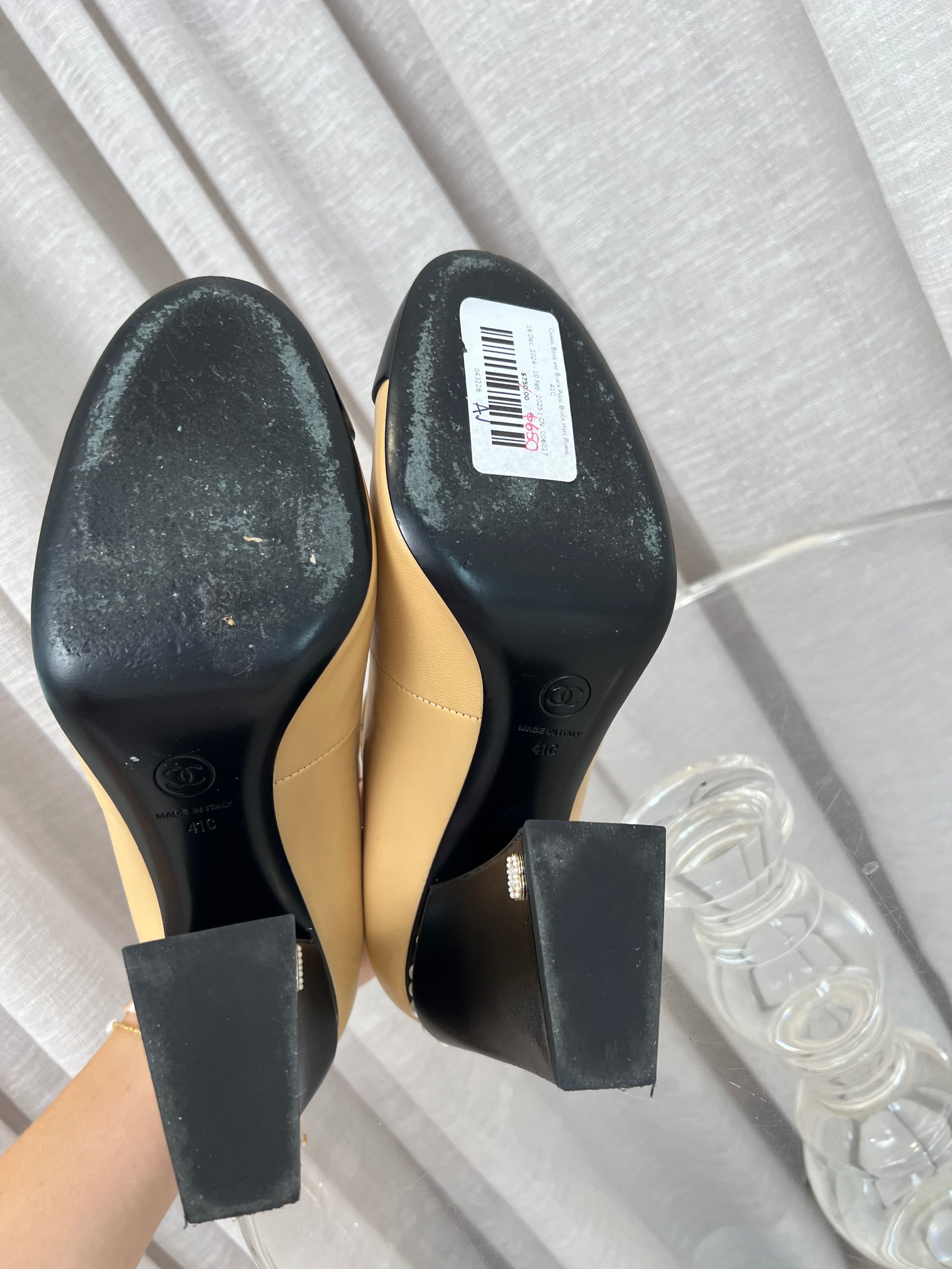 Chanel Beige and Black Pearl Block Heel Pumps, 41C