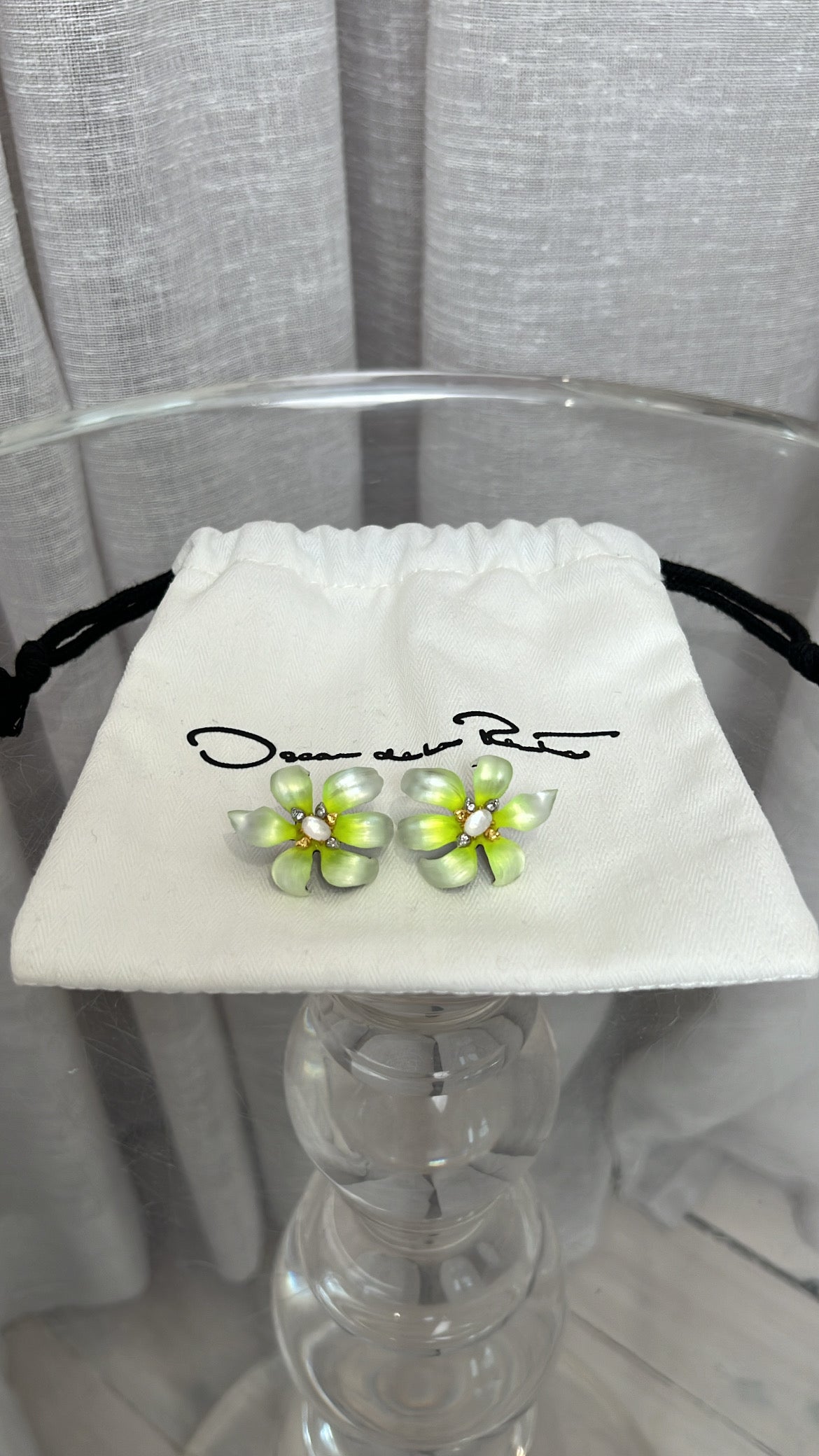 Oscar de la Renta Lime and White Flower Stud Earrings