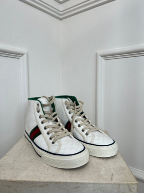 Gucci White Canvas Monogram High Top 'Tennis' Sneaker, 38