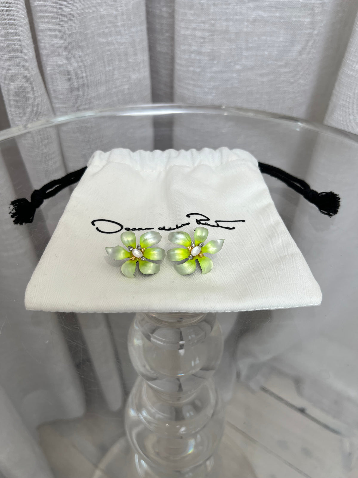 Oscar de la Renta Lime and White Flower Stud Earrings