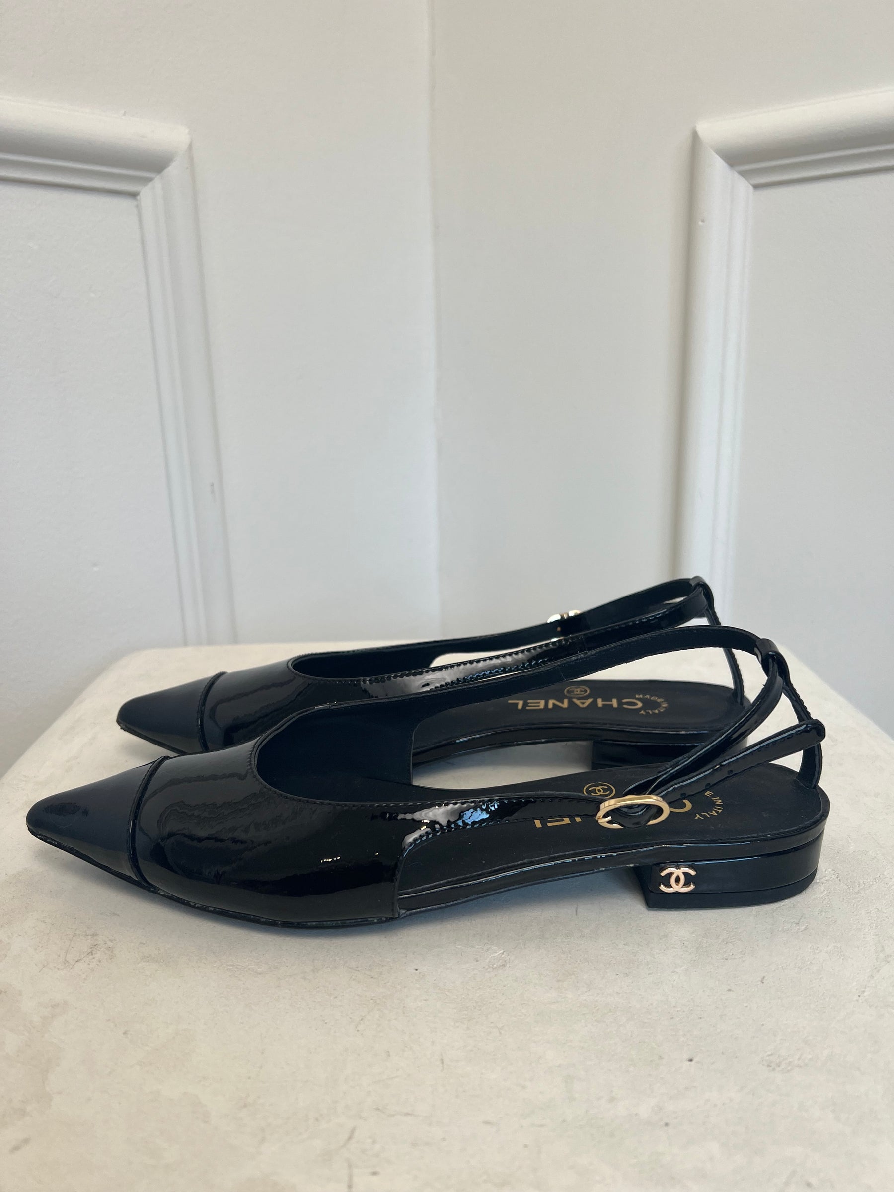 Chanel Black Patent Flat Slingbacks, 36