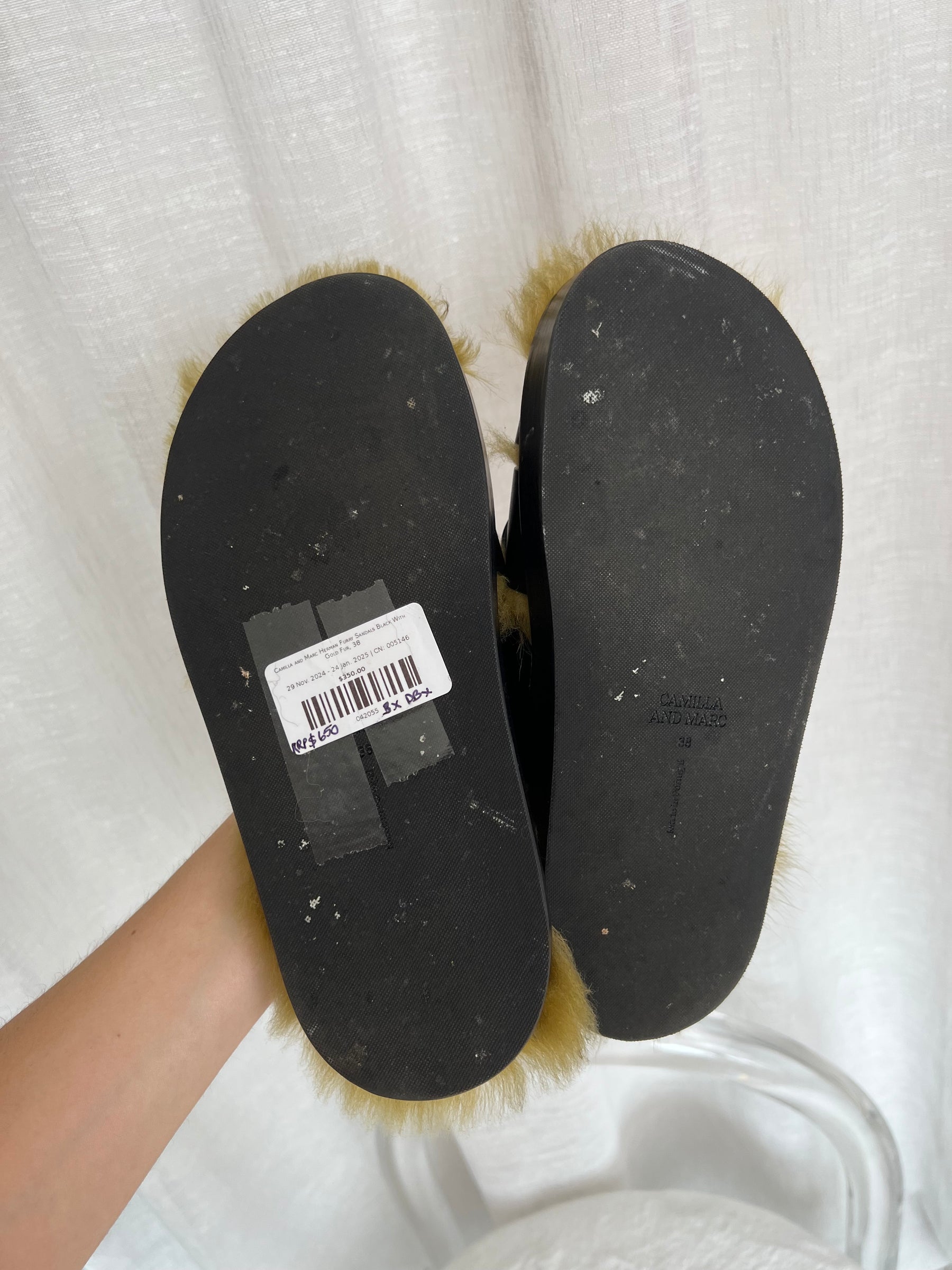 Camilla and Marc Herman Furry Sandals Black With Gold Fur, 38