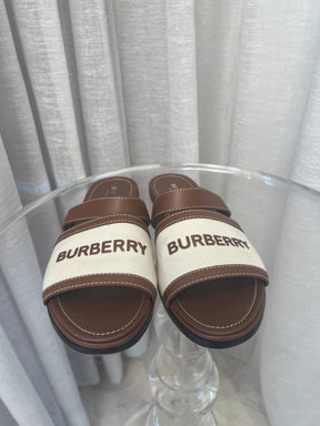 Burberry Tan and Canvas Logo Slides, 39.5