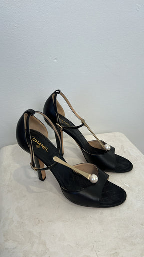 Chanel Black Pearl T Bar Pumps, 41 C