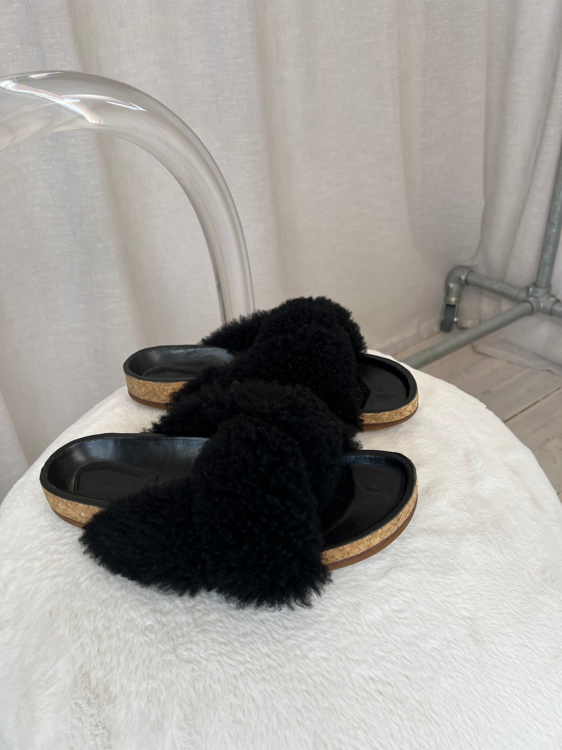 Chloé Black Fluffy Slides, 41