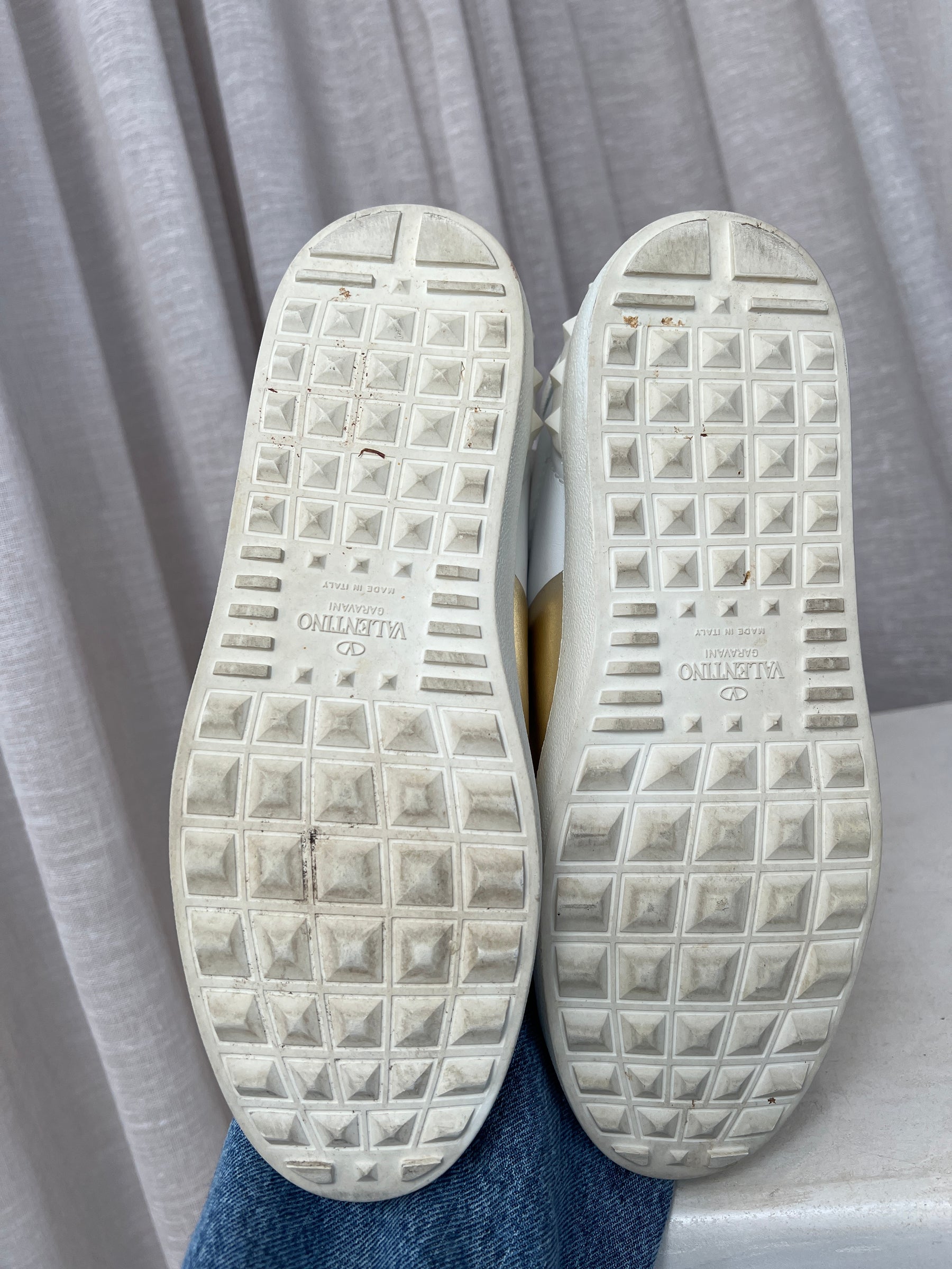 Valentino Garavani White and Gold Leather Rockstud Sneakers, 38.5