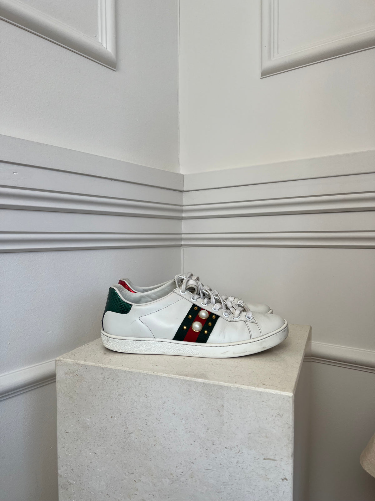 Gucci White Sneakers with Pearl Detail, 36.5