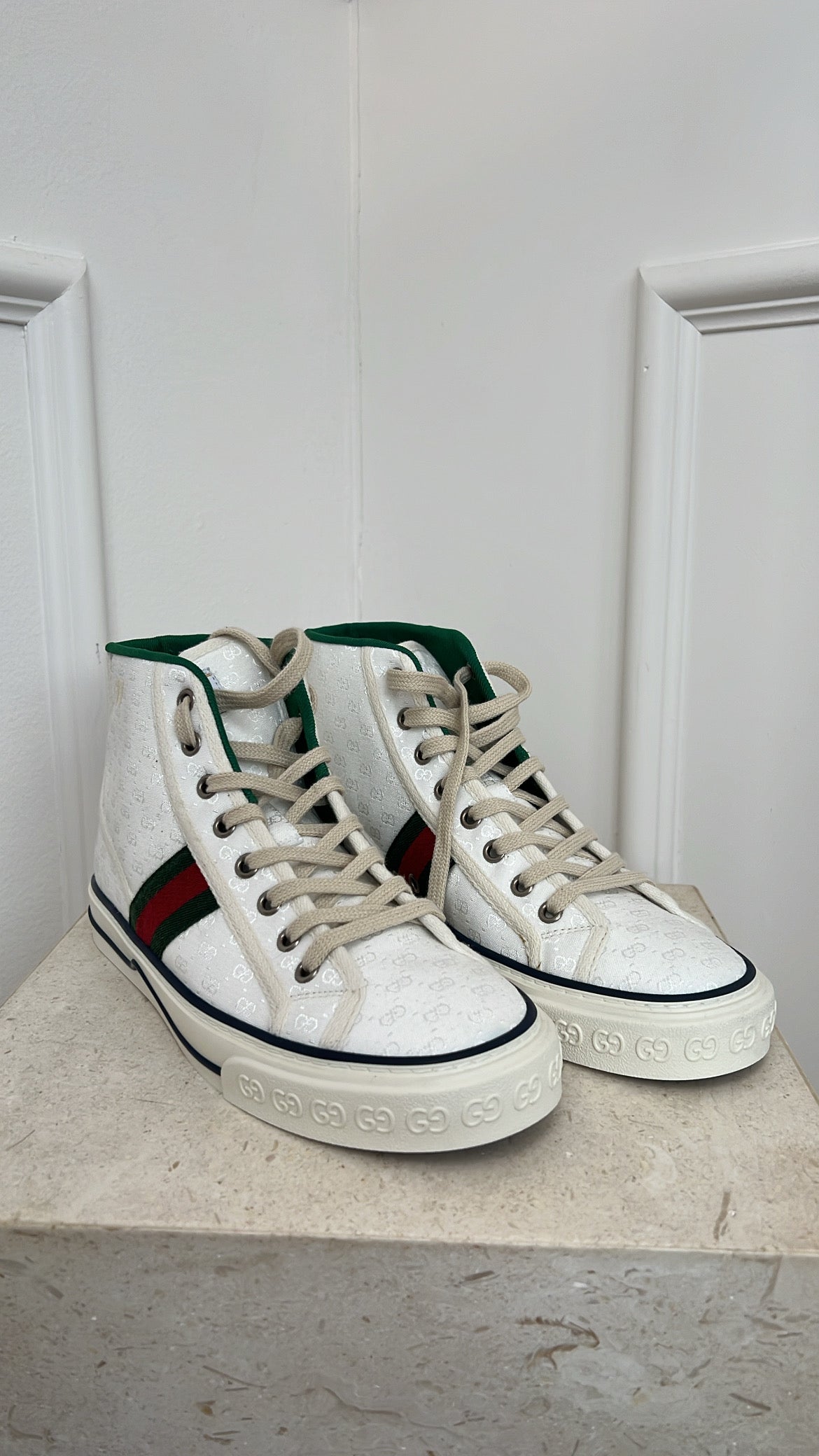 Gucci White Canvas Monogram High Top 'Tennis' Sneaker, 38