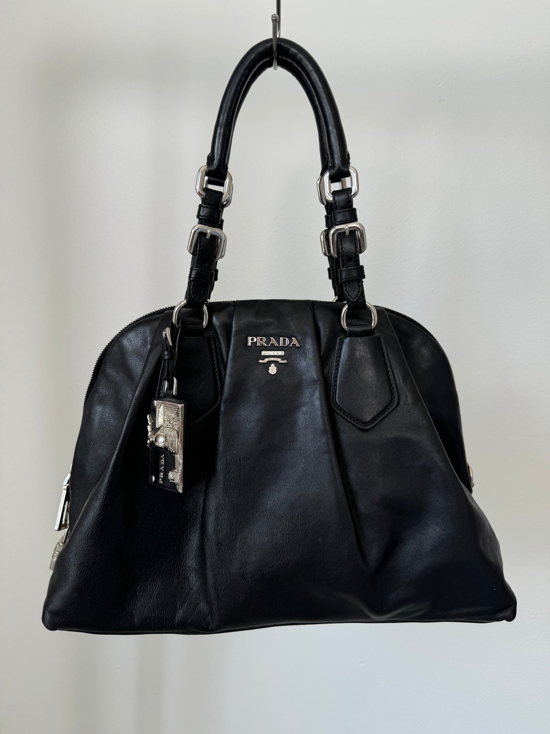 Prada Black Soft Leather Top Handle Bowling Bag