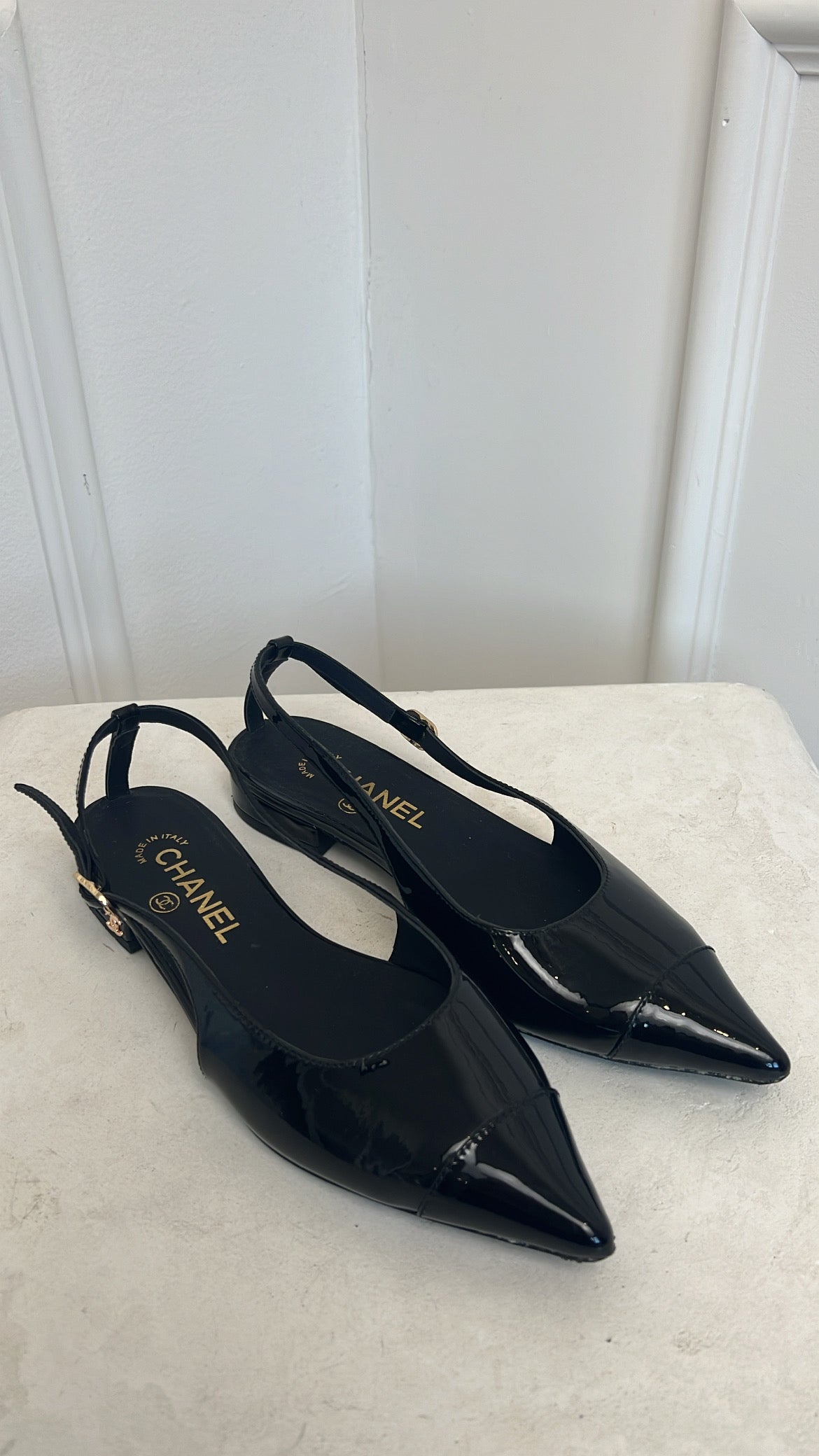 Chanel Black Patent Flat Slingbacks, 36