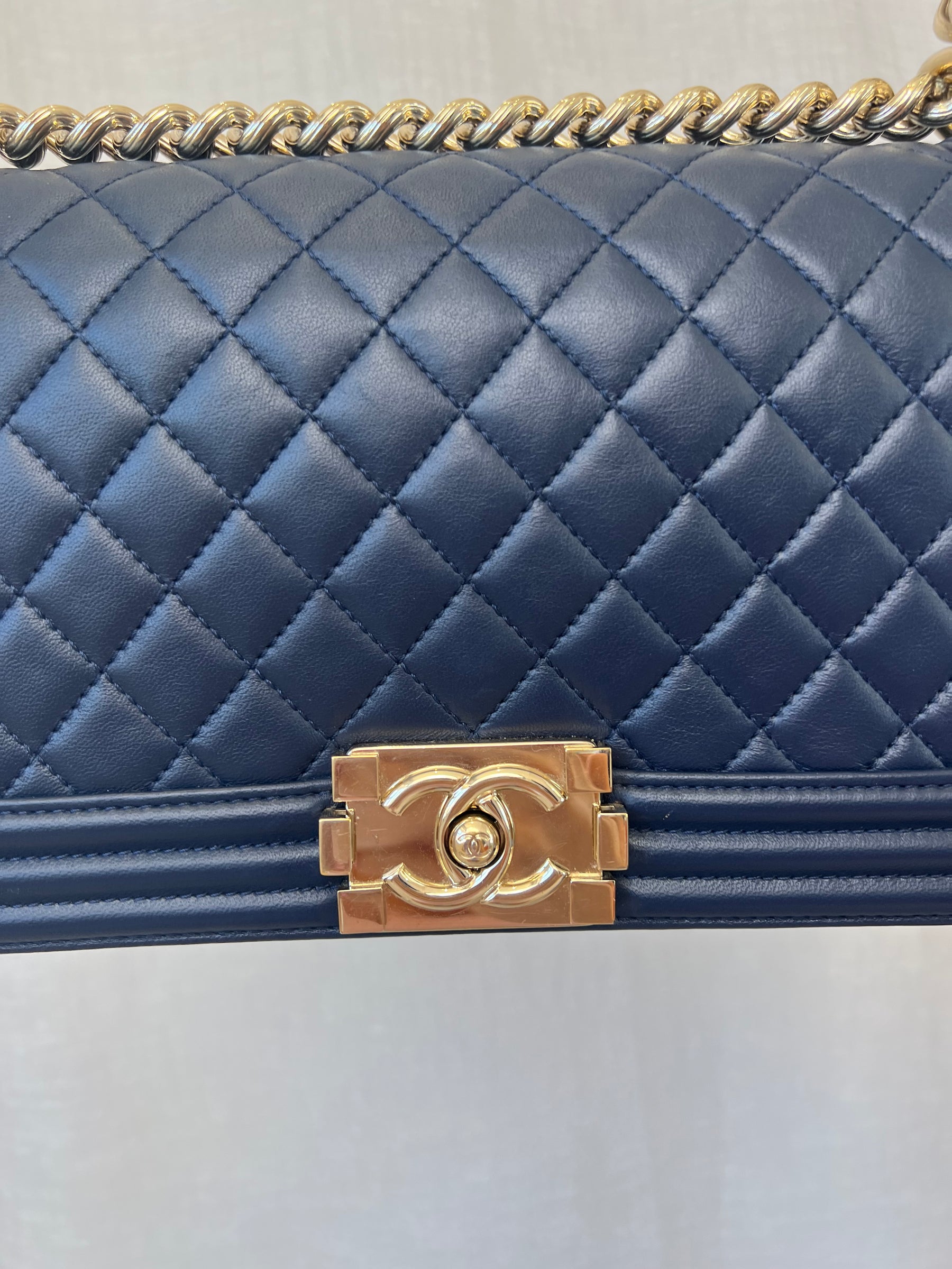 Chanel Navy Old Medium Boy Bag Gold Tone Hardware, Old Medium