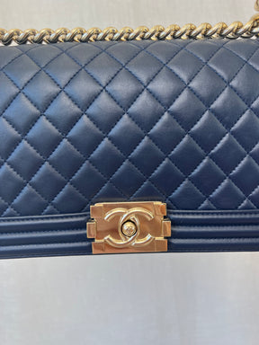 Chanel Navy Old Medium Boy Bag Gold Tone Hardware, Old Medium