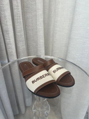 Burberry Tan and Canvas Logo Slides, 39.5