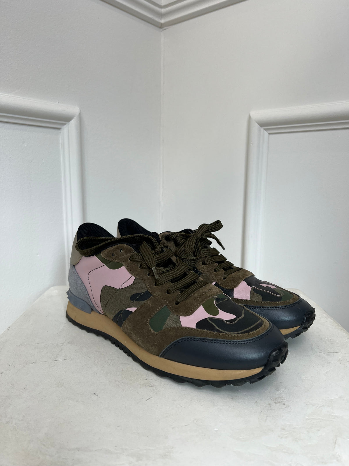 Valentino Khaki Camo Leather and Suede Sneakers, 40